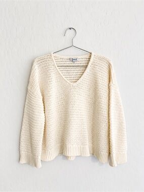 Madewell Cream Open-Knit V-Neck Sweater